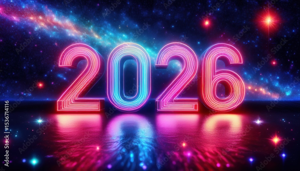 Poster futuristic neon 2026 happy new year design with glowing typography and cosmic background for web, pr