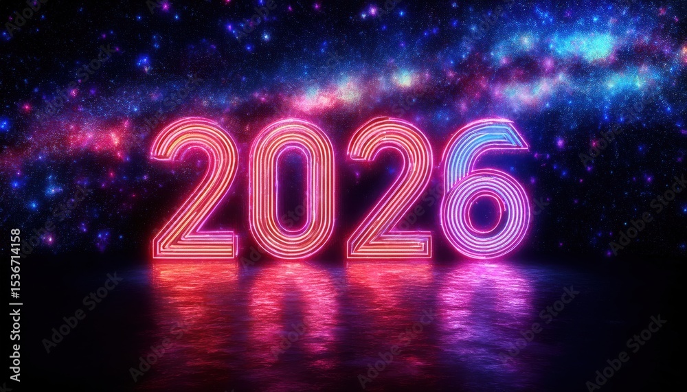 Poster futuristic neon 2026 happy new year design with glowing typography and cosmic background for web, pr
