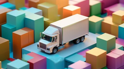 White toy delivery truck on pastel blocks for transportation logistics business playful kids scene