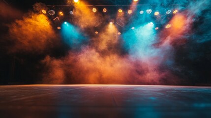 Fototapeta premium Colorful stage with dramatic smoke and spotlights for concert show performance entertainment scene
