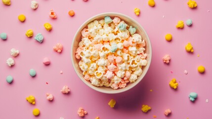 Pink popcorn in bowl on pastel background for sweet snack kids party fun scene