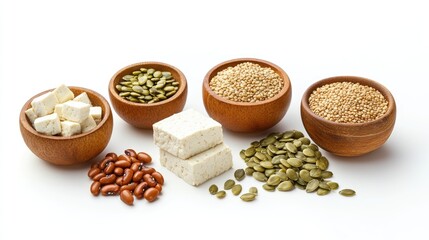 Fototapeta premium Healthy Selection of Nuts and Seeds in Wooden Bowls for Nutrition