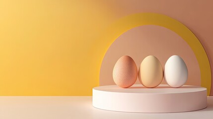 Three Decorative Eggs Displayed on Podium Against Colorful Background