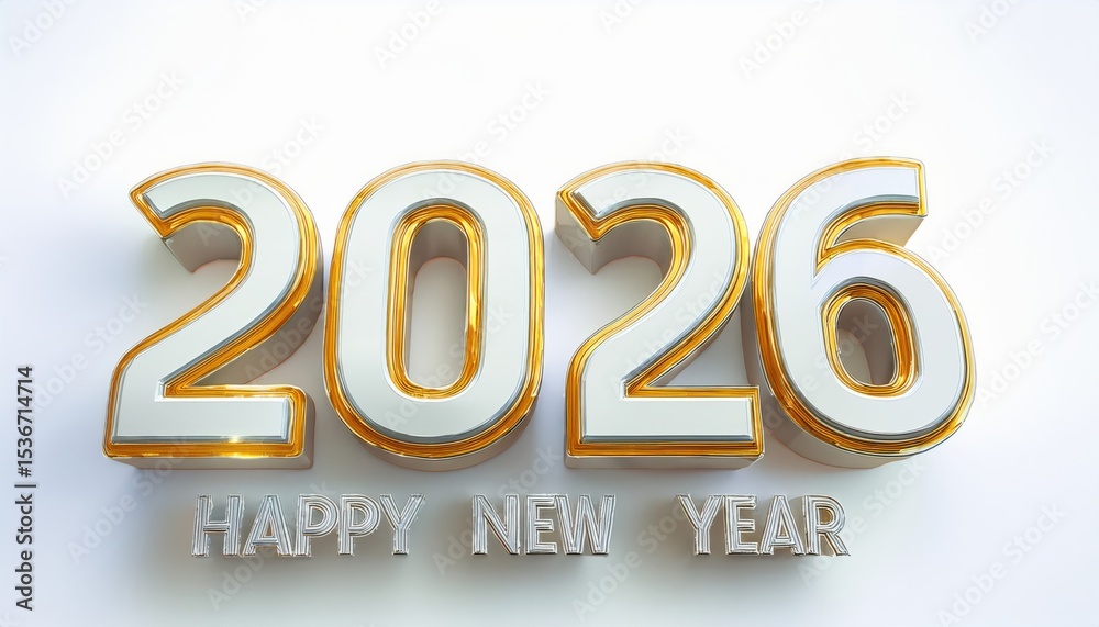 Aufkleber sleek silver and gold 2026 happy new year text design with metallic 3d style on white background for