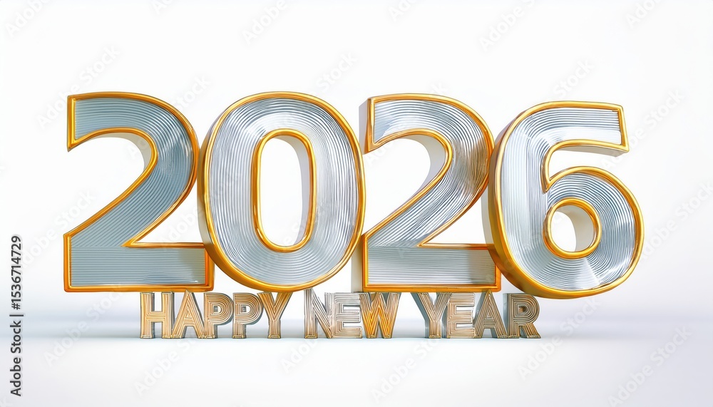 Poster sleek silver and gold 2026 happy new year text design with metallic 3d style on white background for