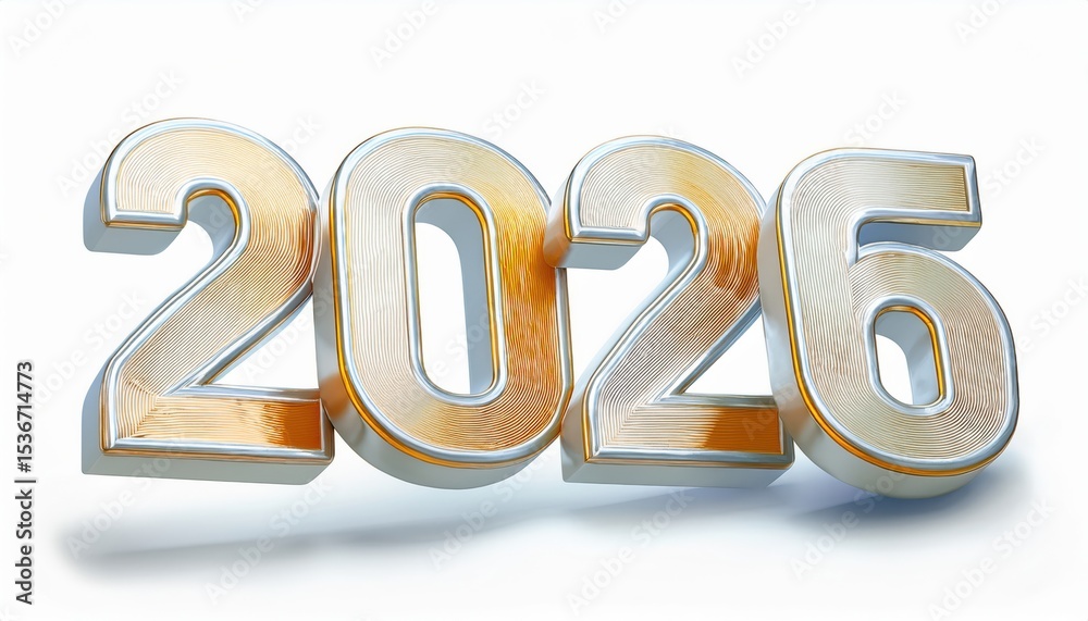 Poster sleek silver and gold 2026 happy new year text design with metallic 3d style on white background for