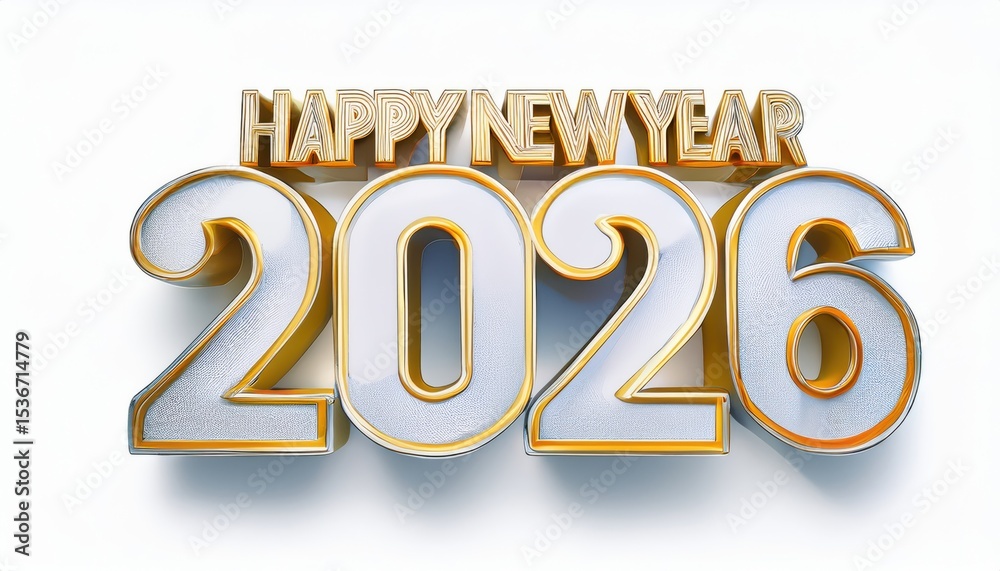 Poster sleek silver and gold 2026 happy new year text design with metallic 3d style on white background for