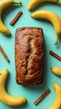 Banana bread loaf with bananas and cinnamon sticks &ndash; pastel green background &ndash; vertical 9:16 format