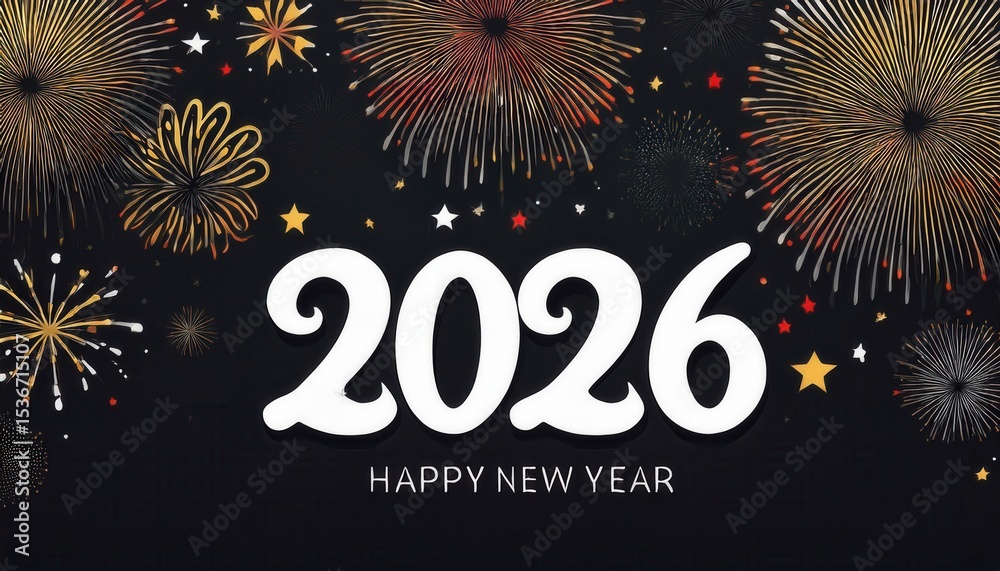 Poster bold 2026 happy new year greeting with festive fireworks on black background for elegant web design,