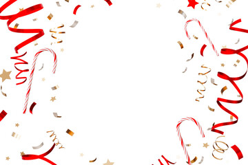 Colorful candy canes and sparkling confetti isolated on transparent background, creating a vibrant Christmas atmosphere perfect for holiday festivities and joyful gatherings. Copy space in the middle.