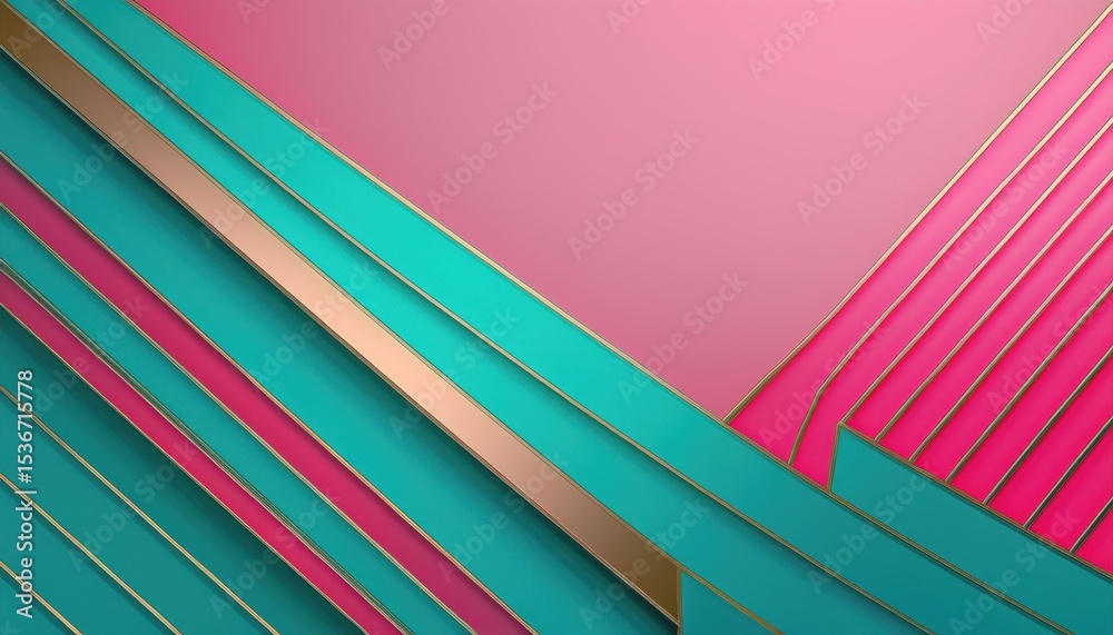 Poster luxury abstract geometric background with layered pink and teal shapes, golden metallic edges, and e