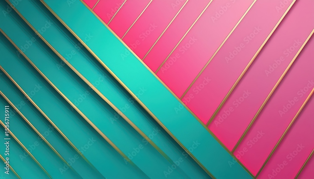 Poster luxury abstract geometric background with layered pink and teal shapes, golden metallic edges, and e