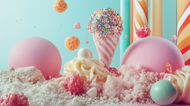 Birthday ice cream and cake with pastel decorations for celebration festive party dessert food sweet scene