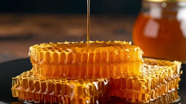 Close-up of honey pouring over stacked honeycomb segments revealing detailed wax cells and a jar of honey in the background.