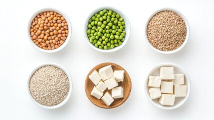 Colorful Variety of Raw Pulses and Cubes of Tofu on White Background