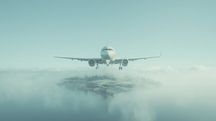 Fototapeta premium Airplane soaring above misty clouds and remote island landscape