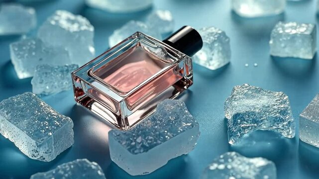 Mockup Clear Glass Packaging Perfume Bottle in pieces of ice. AI Generative
