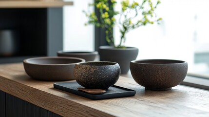 Fototapeta premium Tableware bowls and cups by window for home interior kitchen breakfast dining cozy minimalist clean sunlight scene