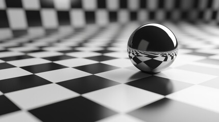 Checkerboard with chrome sphere for modern surreal optical illusion reflection geometric black white background concept