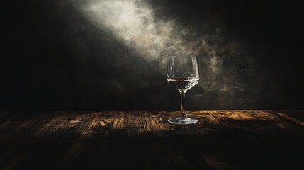 Wine glass with dramatic light and shadow on wooden table for elegant alcohol beverage celebration background concept