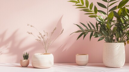 Neutral ceramic vases and branches arrangement for minimalist home decor living room background natural style interior