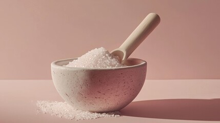 White marble mortar with sea salt on pastel background for gourmet cooking health clean food ingredient concept