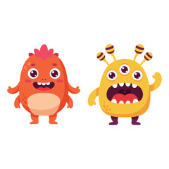 Funny cartoon monster orange and yellow flat design vector illustrations