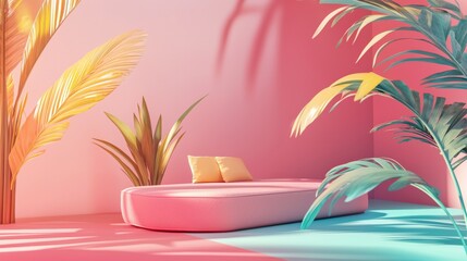 Tropical summer composition with palm leaves and ceramic decor on pink background for vacation design inspiration