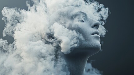 Surreal digital sculpture bust head dissolving into cloud smoke creating ethereal abstract conceptual portrait art