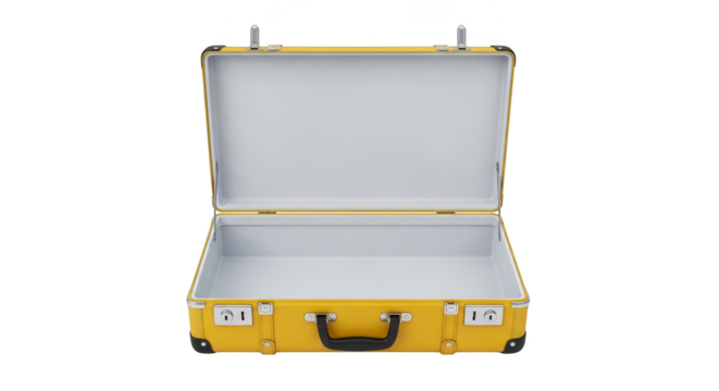 Open yellow suitcase against black backdrop
