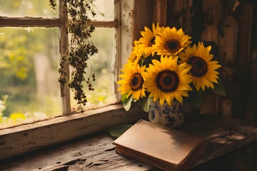 bukiet słonecznik&oacute;w, słoneczniki, kwiaty w bukiecie, kwiaty w świetle, rustykalny pok&oacute;j, poddasze, światło okienne, złota godzina, fotografia lifestyle, styl editorial, nastr&oacute;j nostalgiczny, ciepłe św