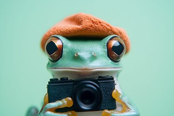 żaba, zielona żaba, realistyczna żaba, portret żaby, żaba w berecie, miniaturowy beret, żaba z aparatem, aparat fotograficzny, mini aparat, modna żaba, stylowa żaba, żaba w studio, portret studyjny, z
