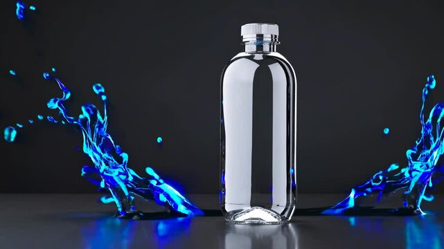 Transparent plastic bottle resting on a reflective surface, surrounded by dynamic splashes of vibrant blue and turquoise liquid against a dark backdrop, highlighting beverage branding