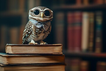 sowa, portret studyjny, realistyczna sowa, sowa w okularach, sowa w krawacie, styl biblioteczny, książki vintage, stare książki, regał z książkami, pokój do czytania, styl editorial, styl kinowy, świa