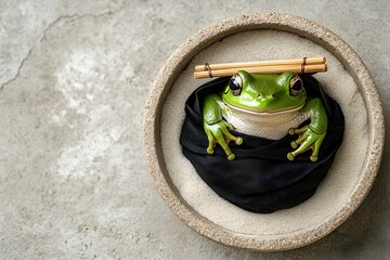 żaba, zielona żaba, zen, taca z piaskiem, japoński ogród, styl wabi-sabi, minimalizm, żaba w kimonie, czarne kimono, opaska bambusowa, spokój, medytacja, styl japoński, płaski układ, kompozycja z góry