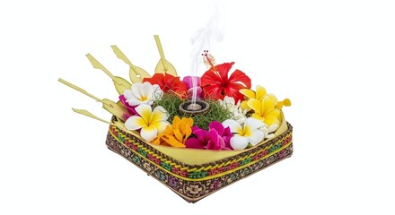 Balinese offering basket with flowers and incense, isolated on white background. Generative AI