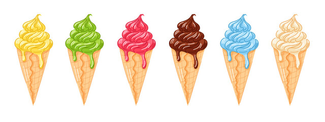 Set of soft serve ice cream cone in vibrant color including yellow, green, pink, brown, blue and white in cartoon. Perfect for summer dessert design isolated on white background.