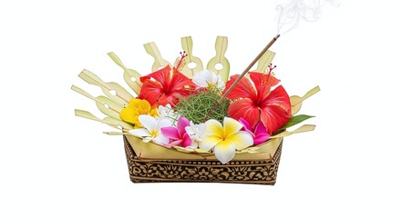 Balinese offering basket with flowers and incense, isolated on white background. Generative AI