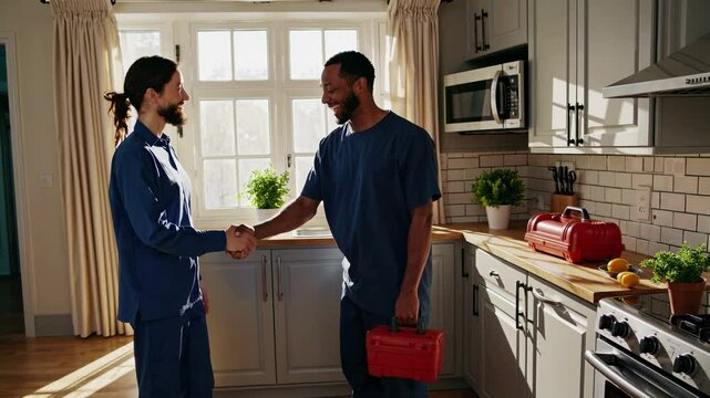 Homeowner shaking hands with repairman holding toolbox after successful appliance repair in modern kitchen, showing gratitude and satisfaction for quality service