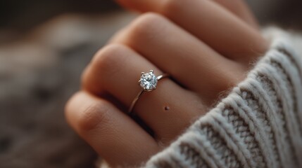 Close-up of diamond ring on hand with knitted sweater details