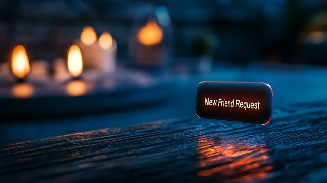 A glowing notification button for a new friend request on a wooden table, set in a cozy, softly lit environment.