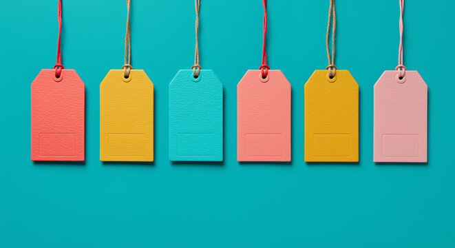 Colorful hanging price tags displayed on a teal background for promotional concepts, price tags, labels, tags, colorful, bright, vibrant, pastel, coral, yellow, teal, turquoise, pink, blank, hanging, 