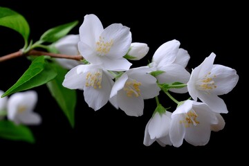 White jasmine blossoms cluster on a branch against a black backdrop