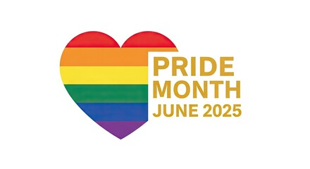 A bright digital illustration of the LGBT community flag in the shape of a heart with golden text 'Pride Month June 2025' – poster