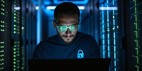 Technician working on cybersecurity in a data center environment during nighttime with glowing server racks