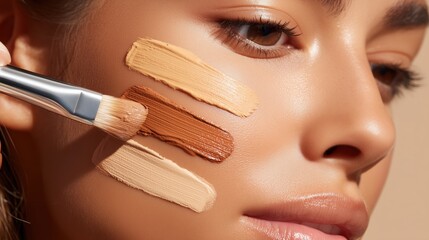 Close-up of makeup brush applying diverse foundation shades to smooth skin