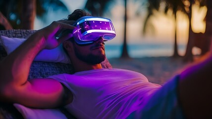 young man using augmented reality glasses at beach resort – futuristic interface and summer tech vibes. 