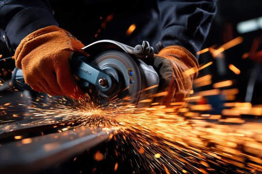 Worker using grinder tool on metal with sparks flying in workshop