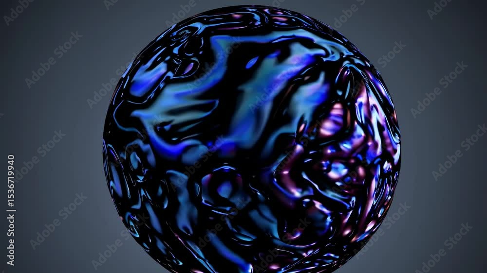 Wall mural smooth metallic sphere with iridescent blue and purple colors pulsating and swirling, creating a mes