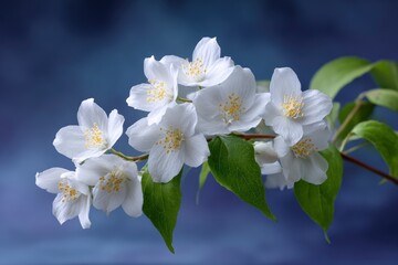 Obraz premium White jasmine blossoms cluster on a branch against a blue backdrop